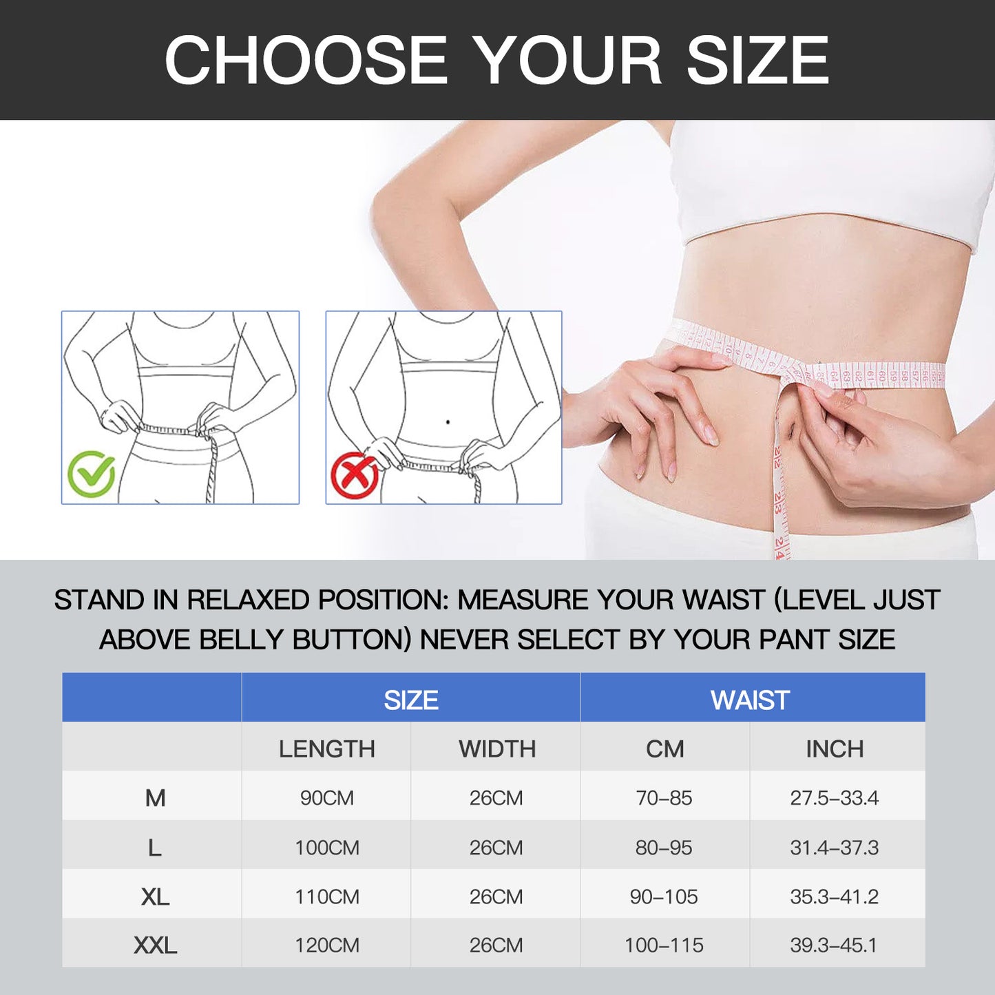 Back Brace size chart 5 Stays and 360°Strong Support